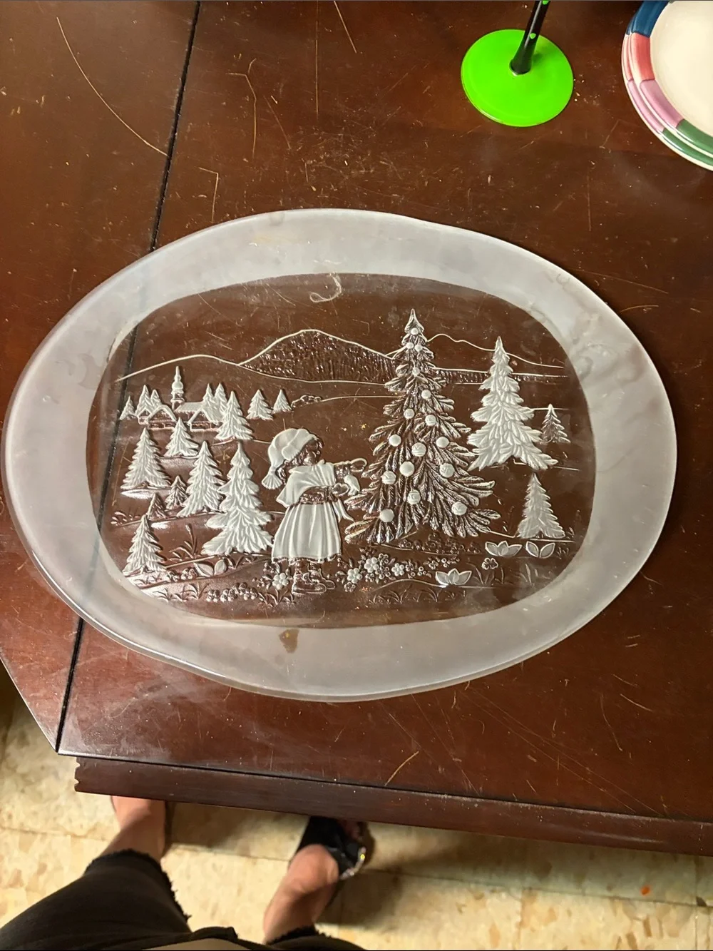 Etched Glass Holiday Serving Platter - Scenic Winter Tree Design